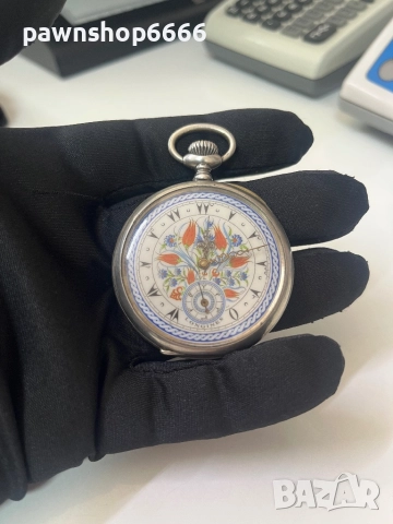 Продавам антикварен джобен часовник Longines (1916-1917 г.) – сребро 0.800, ръчно рисуван циферблат