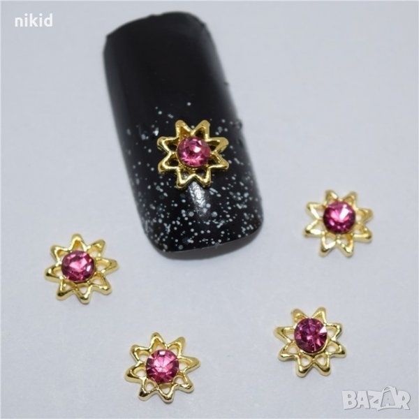 Цвете звезда с камъче в розово бижу декорация за нокти маникюр, снимка 1