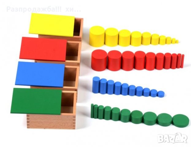 Цветни 40бр. цилиндри в 4 кутии Монтесори за възприятие и сензорика, снимка 1 - Образователни игри - 24999190