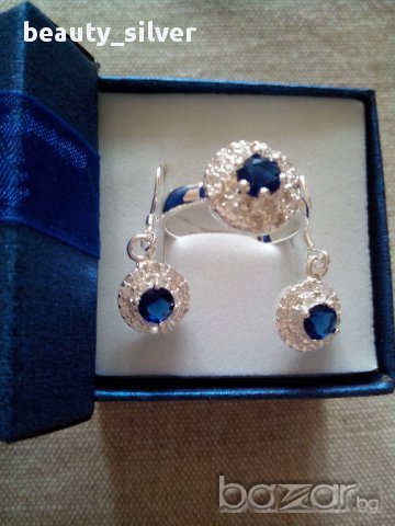 Сребърни обици и пръстен със син Цирконий Проба 925, код 0515, снимка 3 - Бижутерийни комплекти - 11206912