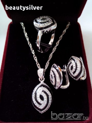 Сребърен комплект обеци. колие и пръстен, код 0514, снимка 2 - Бижутерийни комплекти - 12898228