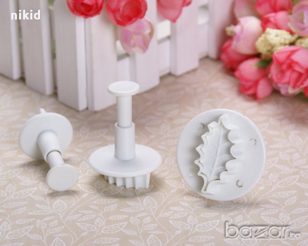 3 бр имел имели остри листа коледни резци с бутало украса декор торта фондан шоколад резец форма, снимка 3 - Форми - 15966522