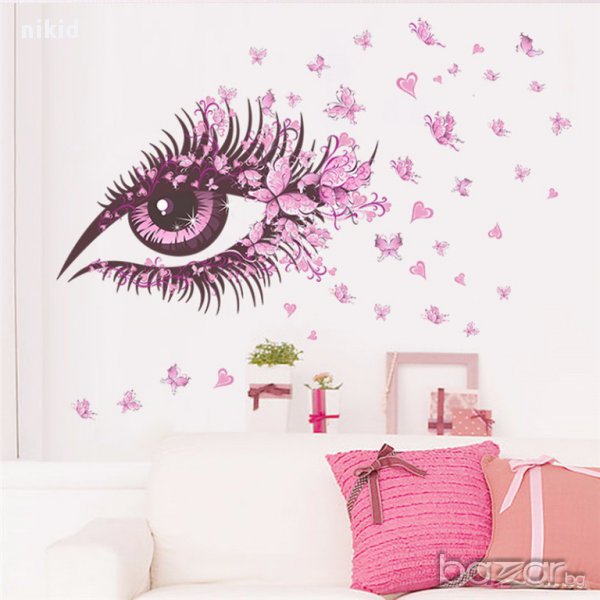 лилаво око поглед с пеперуди нежен стикер лепенка декор за стена спалня стая гардероб самозалепващ, снимка 1