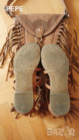 Кафяв сет сандали и чанта с ресни , снимка 4 - Сандали - 22086047