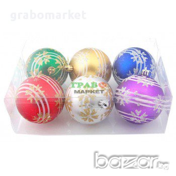 Комплект от 6 бр. цветни топки за окачване на елха, декорирани с брокат. Изработени от PVC материал.