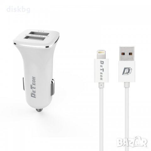 Ново зарядно за кола от 12-24V на 2 USB, 2.4A De Tech + Кабел Iphone 5/6/7...