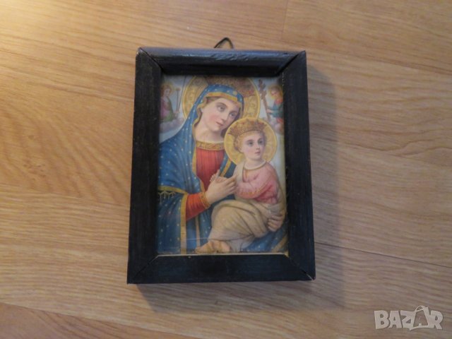 Стара икона богородица, Дева Мария с младенеца в дървена рамка . 