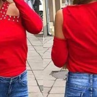 Червена блуза с отворени рамене и кабси , снимка 1 - Блузи с дълъг ръкав и пуловери - 20510133