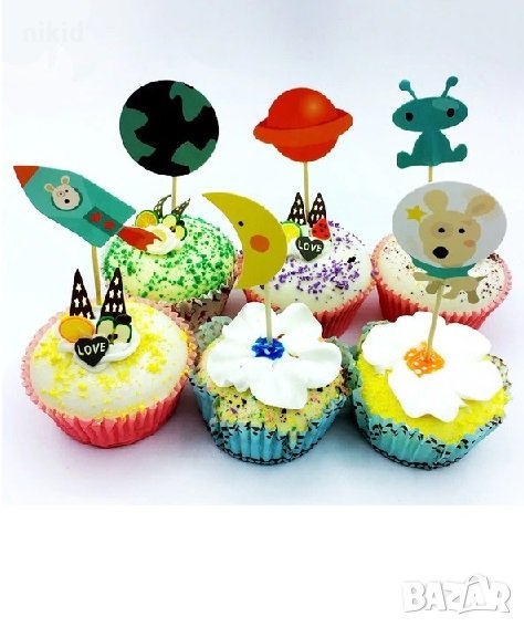 Ракета Луна Извънземни Космос 24 бр топер клечки за мъфини кексчета парти украса декор, снимка 1