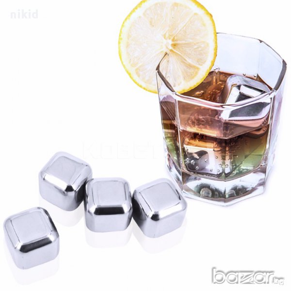 2 бр стоманени сребристи кубчета за охлаждане на напитки уиски тип лед кубче стомана, снимка 1