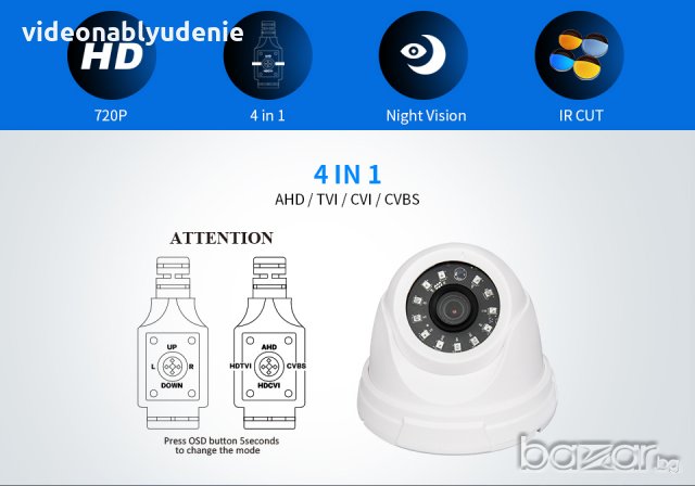 Със Собствен превключвател за AHD/TVI/CVI/CVBS IR-Cut Мултихибридна 4в1 Камера 20Метра Нощно Виждане