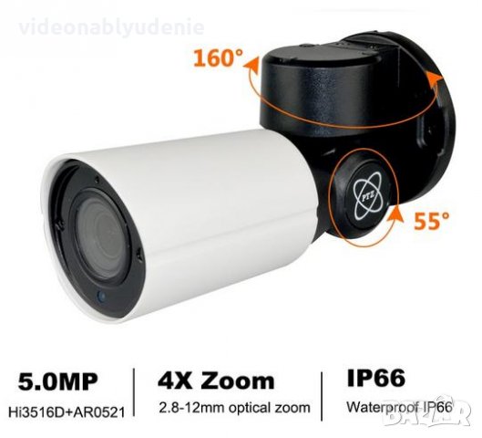 5 Мегапиксела H.265 PTZ Камера 4x Оптичен ZOOM 2.8-12мм Моторизирани Лещи 50М Нощно Виждане PoE 48V, снимка 2 - IP камери - 23255144