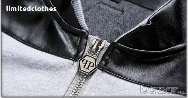 PHILIPP PLEIN GREY LEATHER PLATE Мъжко Горнище с Кожени Елементи size M, снимка 2 - Спортни дрехи, екипи - 12561073