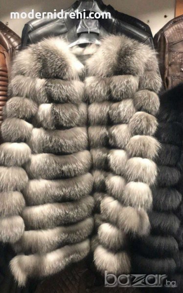 Дамско елегантно палто от лисица със свалящи се ръкави и дължина бежаво с черно, снимка 1
