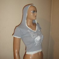 Кокетен сив дамски топ с качулка, суичър, дамска блуза с къс ръкав, тениска, ръкави, дамско бюстие, снимка 1 - Тениски - 9220818