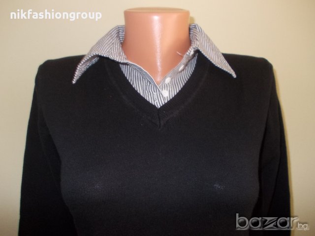 Черен пуловер с яка на риза Benotti S, M р-р, снимка 2 - Блузи с дълъг ръкав и пуловери - 19975257
