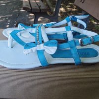 Нови кокетни синьо-бели кожени дамски сандали / летни обувки "Free Sun", естествена кожа, чехли, снимка 10 - Сандали - 18759237