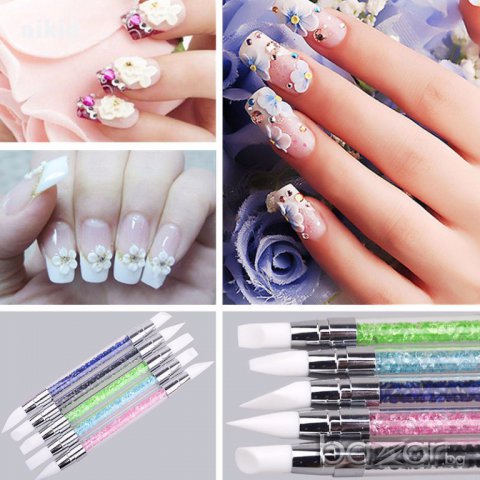 диамантен двустранен инструмент четка избутвач гъбичка за нанасяне на  пигменти за нокти маникюр др