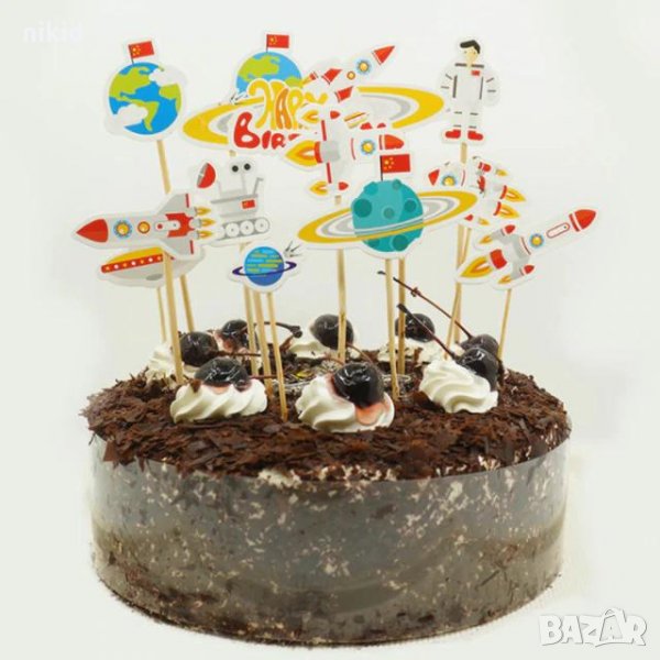 Ракети Космос Happy Birthday сет топери клечки декор за торта украса парти Рожден Ден, снимка 1
