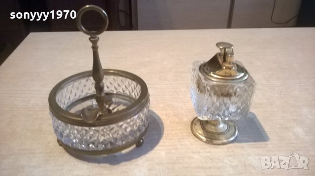 АНТИК-кристални-пепелник+запалка-внос франция, снимка 1 - Антикварни и старинни предмети - 23751589