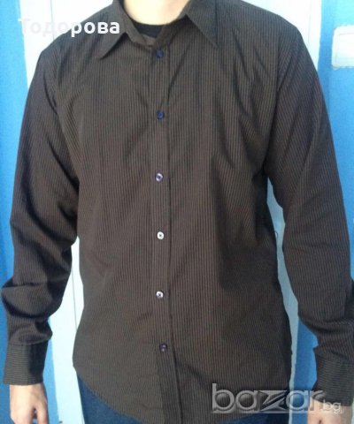 Мъжка риза, тъмнокафява с черно райе,  размер L, снимка 1 - Ризи - 19049663