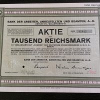 Акция | 1000 райх марки | Bank Der Arbeiter | 1926г., снимка 1 - Нумизматика и бонистика - 25603834