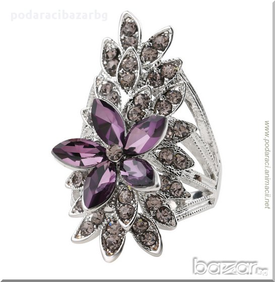 ЦВЕТЕ С ЛИЛАВИ КРИСТАЛИ – ПОСРЕБРЕН ДАМСКИ ПРЪСТЕН, снимка 1
