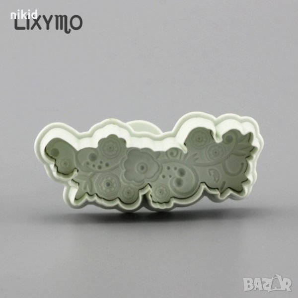 Многоъгълно разклонено дантелено цвете с релеф и бутало пластмасов резец за фондан сладки и торта, снимка 1