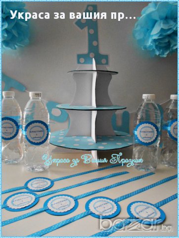 украса за първи рожден ден светло синьо на бели точки, снимка 3 - Други - 17695954