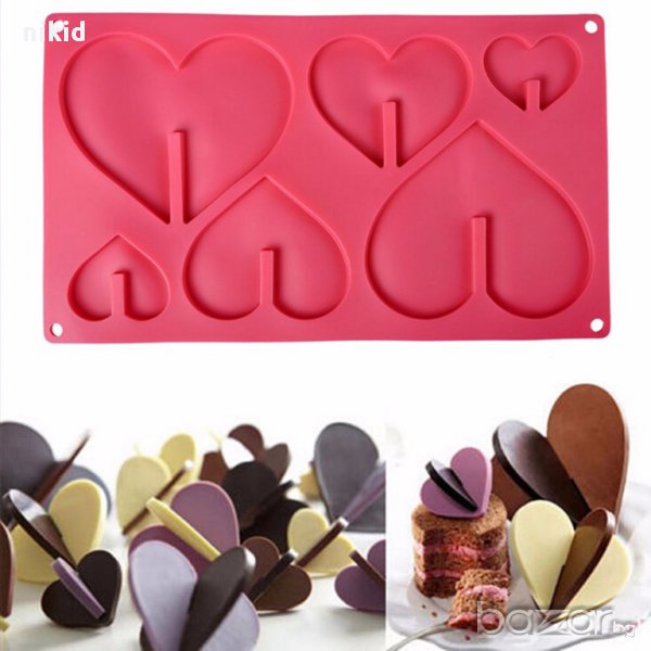 6 двойно сглобяеми сърца сърце оригами силиконов молд декор украса торта мъфин фондан шоколад, снимка 1