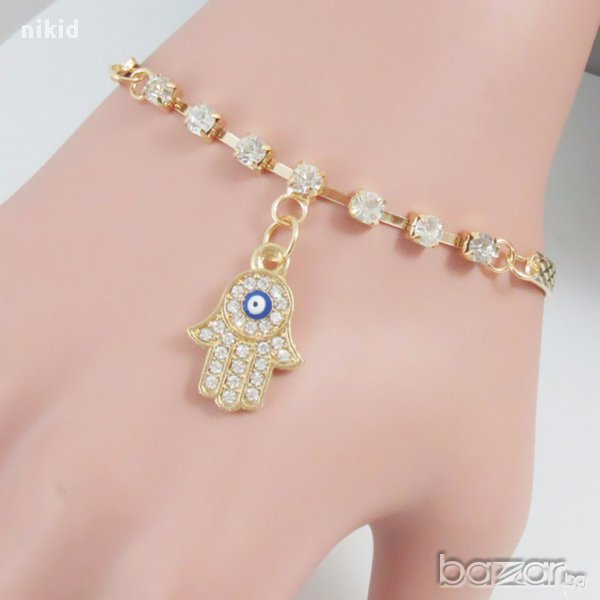 златиста гривна с хамса ръката на Фатима и око против уроки с камъчета, снимка 1