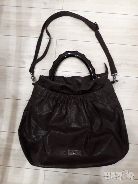 Тъмнокафява кожена лъскава чанта с къса твърда и дълга дръжка марка DSN с 3 прегради, снимка 1