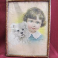 20-те Антикварна Цветна Литография "Дете с куче" Германия