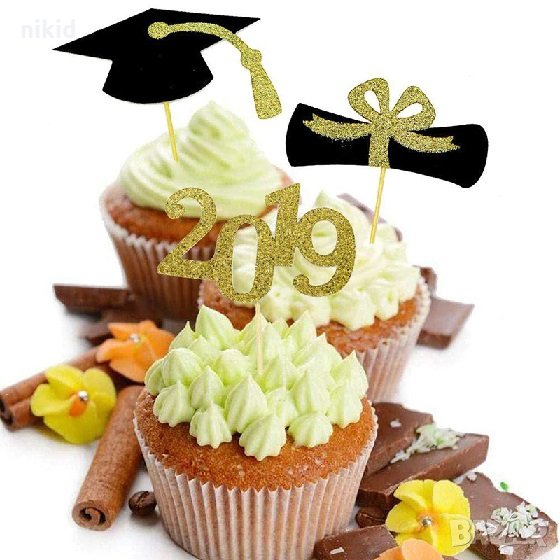 2019 Диплома Тога Дипломиране брокатени топер клечки за мъфини кексчета украса декор торта, снимка 1