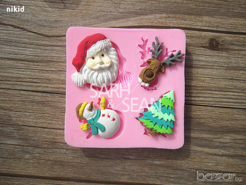4 коледни ДядоКоледа елен елха снежен човек силиконов молд форма украса декор торта фондан, снимка 1