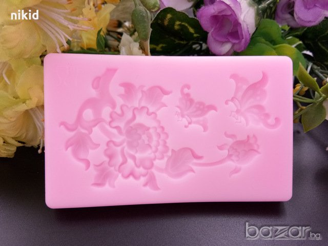 Цъфнали цветя божур цвете с пеперуди силиконов молд форма за декорация и украса торта фондан шоколад, снимка 2 - Форми - 20669400