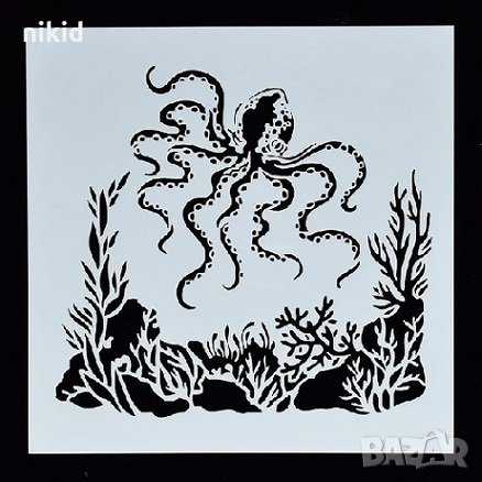 Октопод в дъно Квадрат стенсил шаблон спрей за торта украса кекс декорация с пудра захар, снимка 1