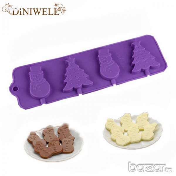 Снежен човек и елха за коледни близалки с шоколад бисквитки декорация, снимка 1