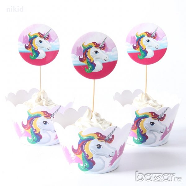 Еднорог кон 12 бр топери и кошнички украса декорация за мъфини кексчета торта и парти, снимка 1