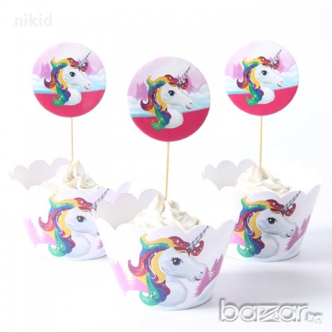 Еднорог кон 12 бр топери и кошнички украса декорация за мъфини кексчета торта и парти
