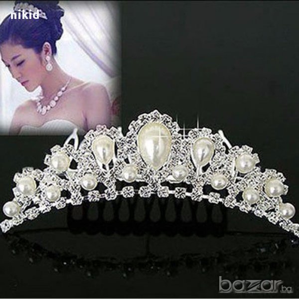 невероятна Тиара мини корона с перли за забождане в коса прическа сватба детска и дамска универсална, снимка 1