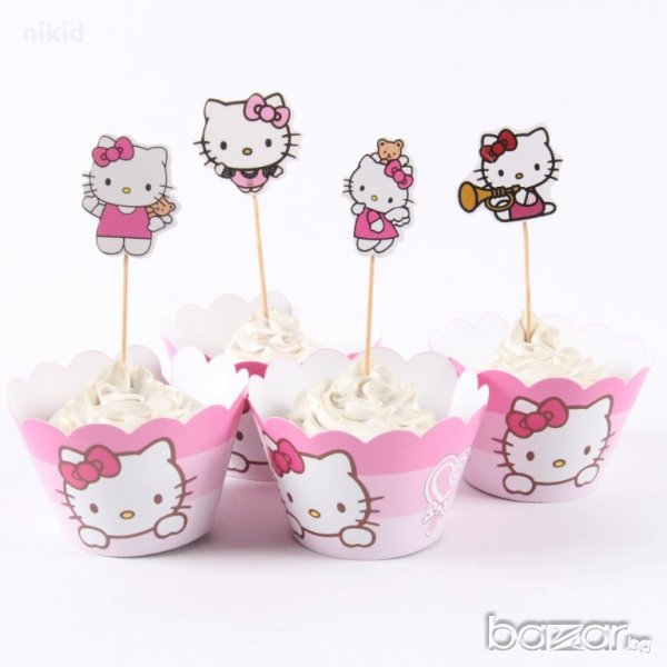 Hello Kitty Коте Кити РОЗОВ 12 бр топери и кошнички украса декорация за мъфини кексчета торта парти, снимка 1