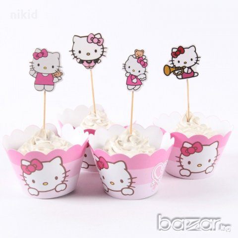 Hello Kitty Коте Кити РОЗОВ 12 бр топери и кошнички украса декорация за мъфини кексчета торта парти