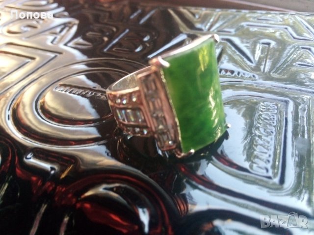 Уникален сребърен пръстен  с мъхов ахат и циркони, снимка 1 - Пръстени - 25629518