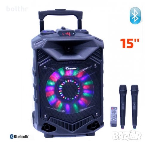Караоке Тонколона Thunder THS-B1502BTW, 15 инча, 2 безжични Микрофона, Акумулатор, Bluetooth, FM рад, снимка 1