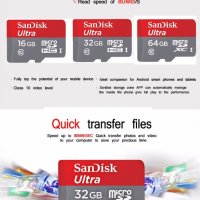 Карта памет клас 10 SanDisk 32 GB Micro SD 100Mb/s микро сд TF карта за телефон таблет фотоапарат, снимка 10 - Карти памет - 21870295