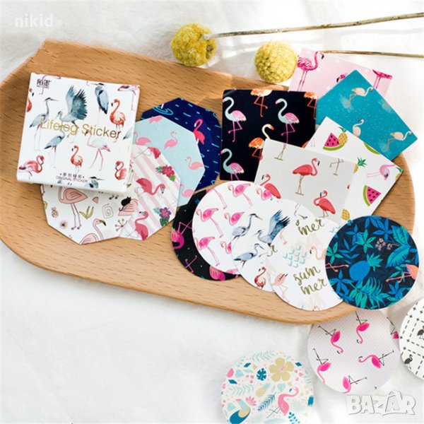 45 бр Фламинго Хаваи самозалепващи лепенки стикери за украса декор картонена торта, снимка 1