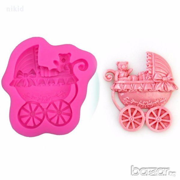 голяма бебешка количка с мече силиконов молд декорация и украса торта фондан шоколад, снимка 1