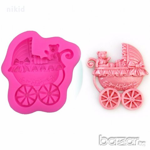 голяма бебешка количка с мече силиконов молд декорация и украса торта фондан шоколад