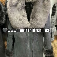 Дамско сиво палто тип шуба с лисица, снимка 1 - Палта, манта - 23576074